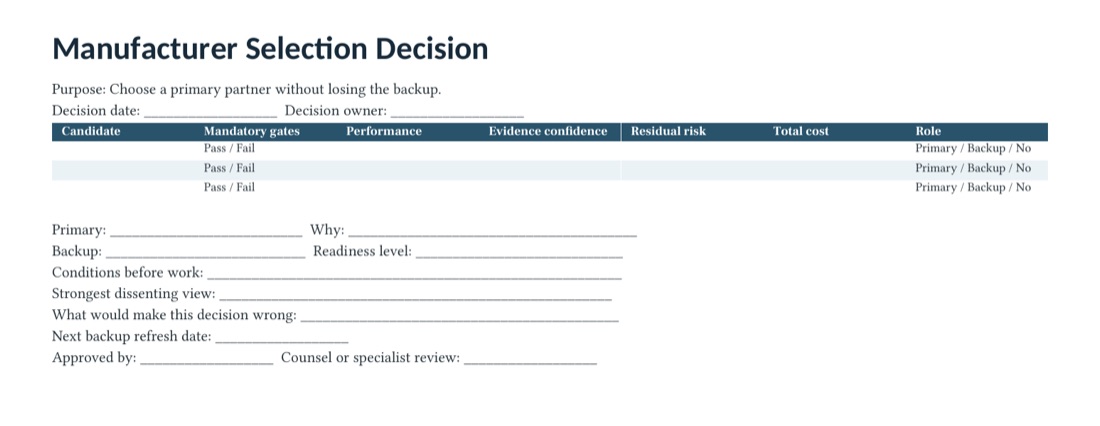 The manufacturer selection decision page from the field guide