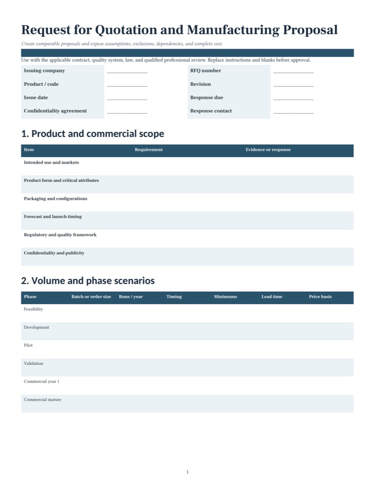 First page of the RFQ and proposal template